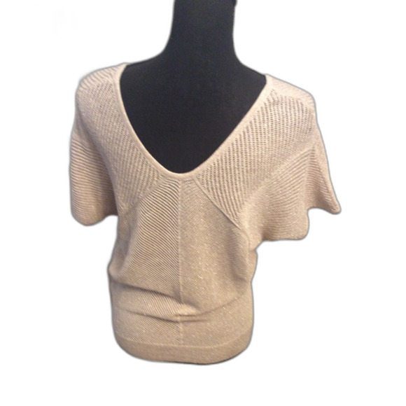 Express Medium M Gold Metallic Short Sleeve Holiday Sweater Career - Picture 2 of 5